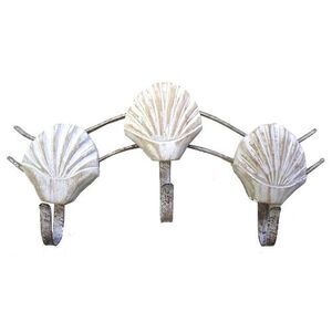 Coastal Whitewashed Scallop Shells Wooden and Metal Triple Hook Wall Decor